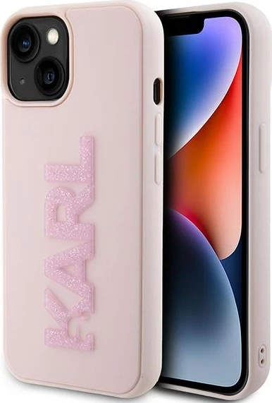 Mbështjellës Karl Lagerfeld 3D Rubber Glitter Logo për iPhone 15 Plus, rozë