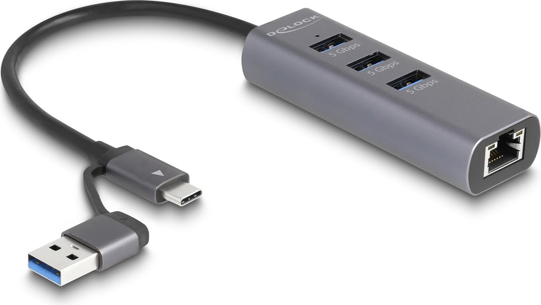 USB hub me 3 porta + LAN DeLOCK, USB 3.2 Gen 1, Type-C/Type-A, 5 Gbps, metalik, gri
