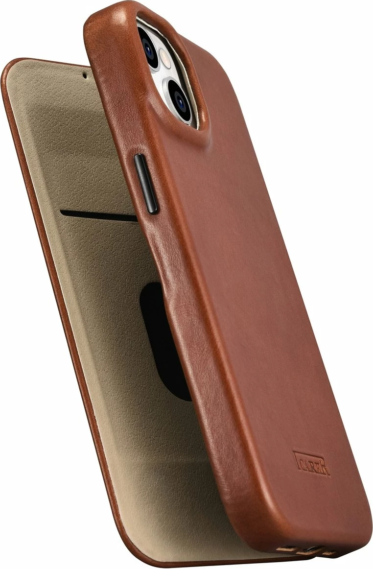 Mbështjellës iCarer Oil Wax Premium Leather Folio për iPhone 14 Plus, MagSafe, kafe