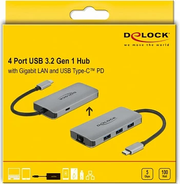 Hub USB DeLOCK USB 3.2 Gen 1 Type-C, 4 porta, Gigabit LAN, PD 100W, gri