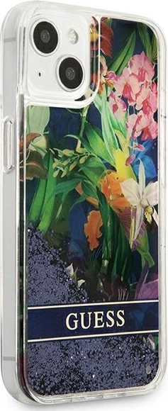 Mbështjellës Guess Flower Liquid Glitter për iPhone 13 mini 5.4", i fortë, Blu