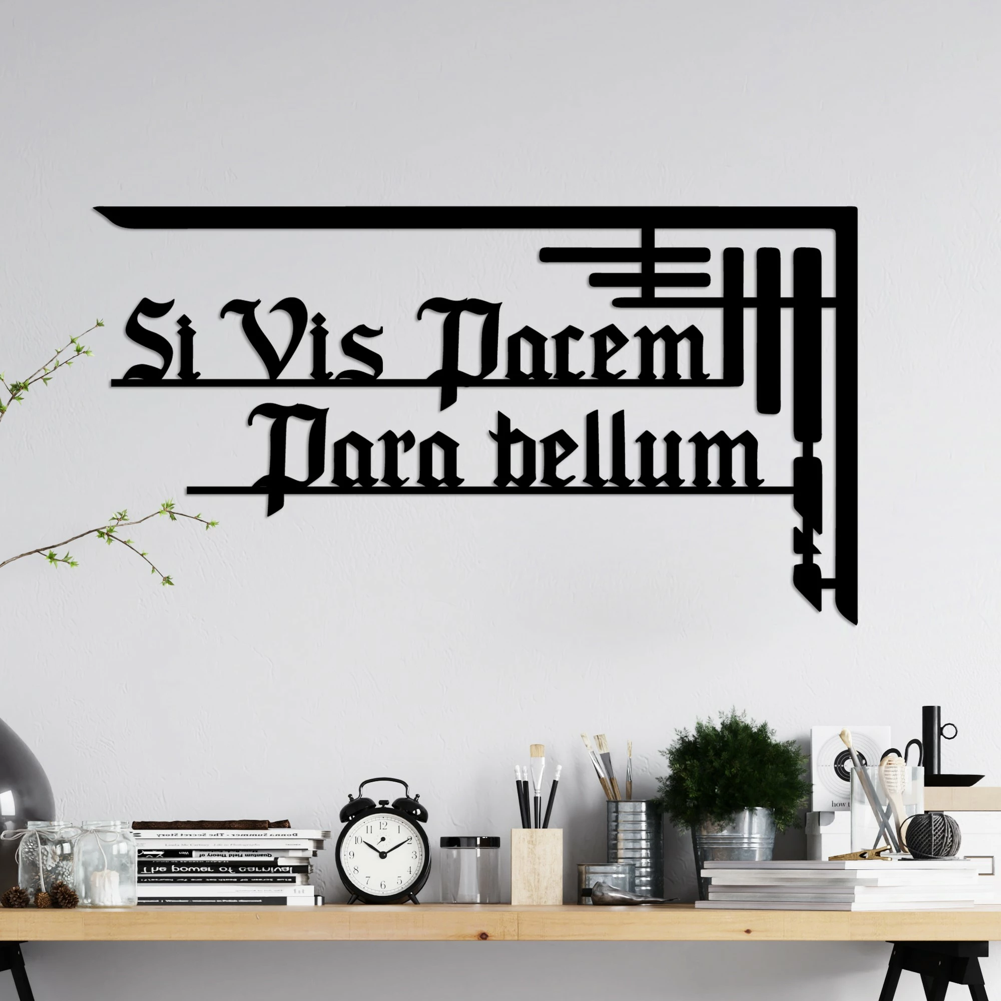 Aksesor dekorativ metalik për mur, Wallity, Si Vis Pacem 1, ngjyrë e zezë, 60x33cm