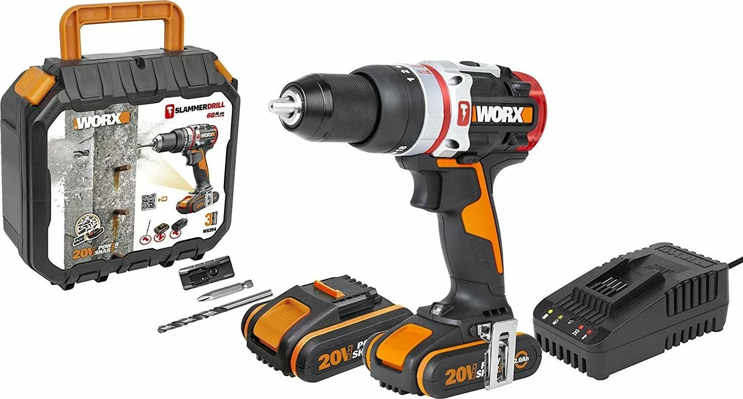 Trapan/vidhosës me bateri Worx WX354 20 V, brushless, 60 Nm, 13 mm, 2x 2 Ah bateri, me karikues, me valixhe, zi/portokalli