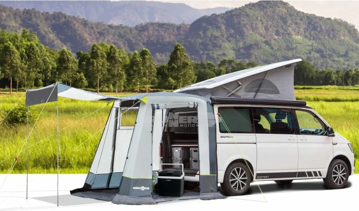 tendë e pasme BRUNNER COMET për VW T5/T6 200×200×205 cm, rezistencë uji 3000 mm, me çantë transporti, gri/bardhë