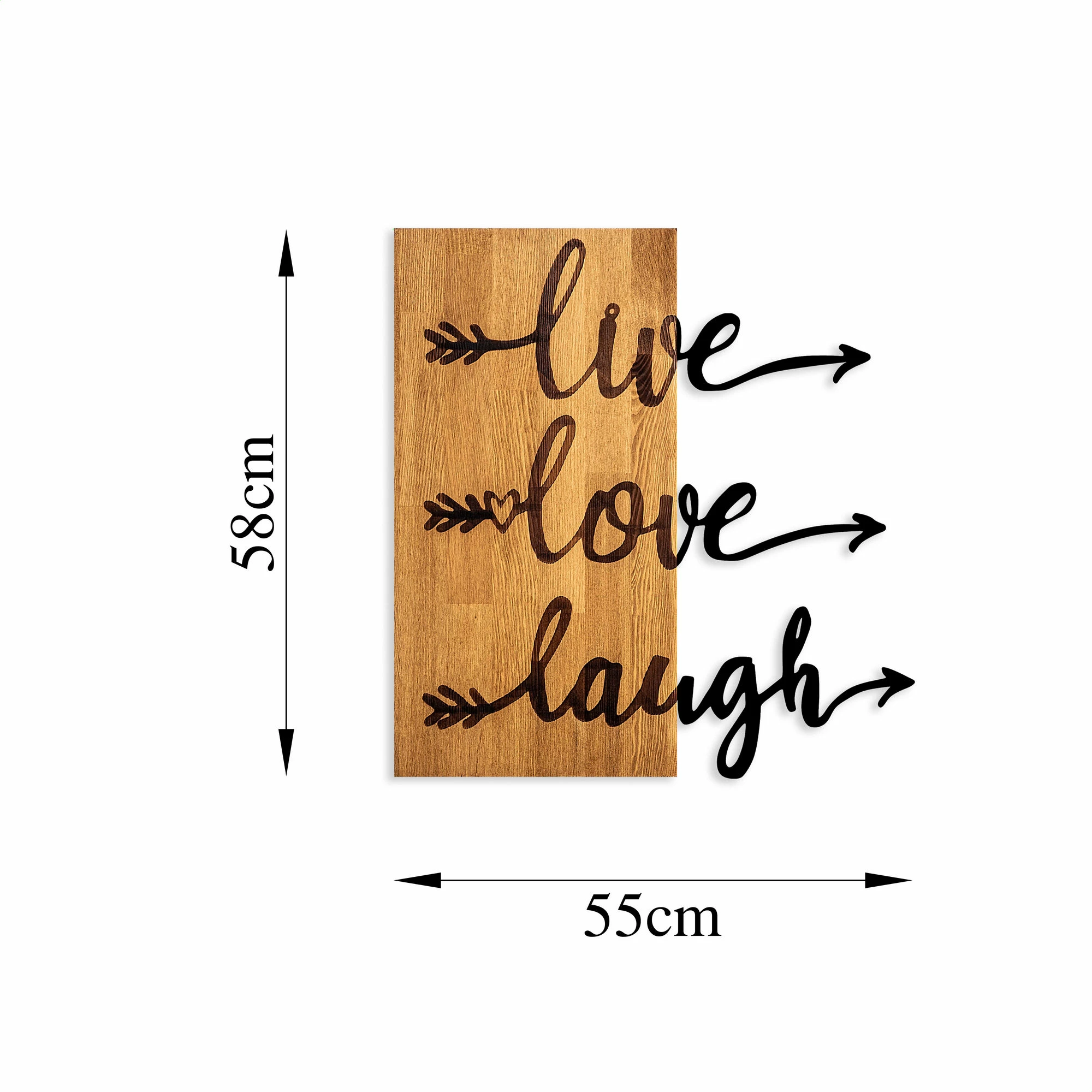 Aksesor dekorativ prej druri për mur, Wallity, Live Love Laugh, ngjyrë arre dhe e zezë, 55x58cm