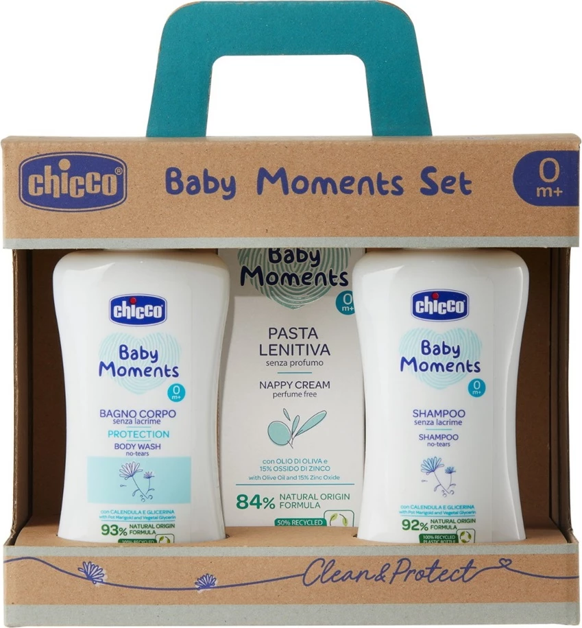 Set për fëmijë Chicco Baby Moments, bath liquid 200ml + shampoo 200ml + diaper rash cream 100ml