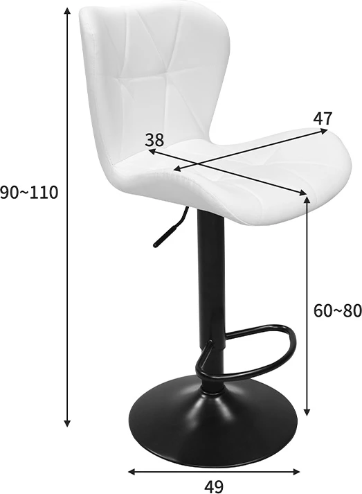 Karrige për bar Coozy, lartësi e rregullueshme, metal i zi mat, lëkurë PU e bardhë, 46x47x90-112cm, set prej 2 copësh