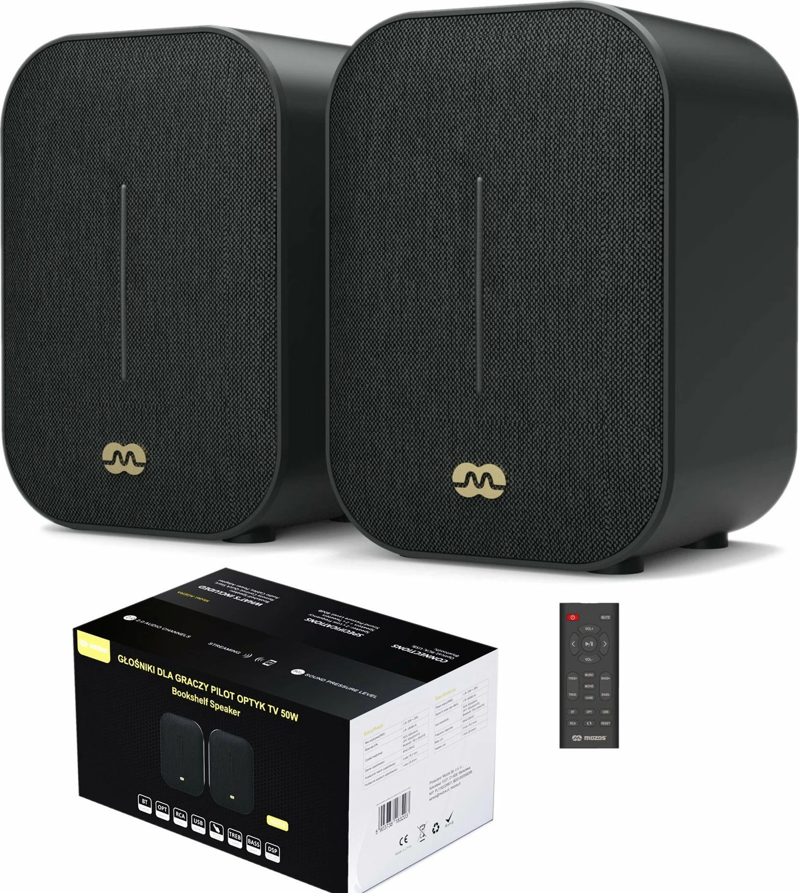 Altoparlantë kompjuteri Mozos Agera 2.0, 50W RMS, Bluetooth 5.0, me telekomandë, të zeza, set 2 copë