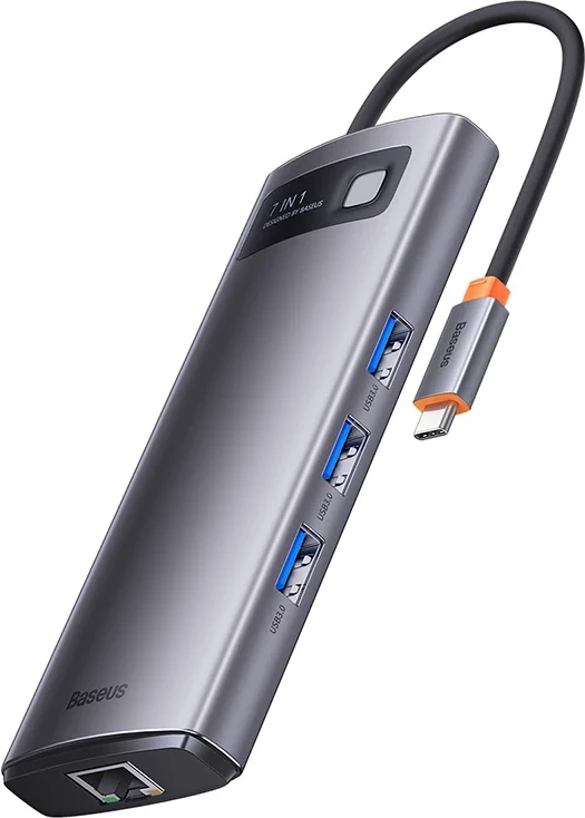Kasë Baseus Metal Gleam Series 7-in-1, USB-C në 3x USB 3.0, HDMI, USB-C PD, VGA, Ethernet RJ45, Gri