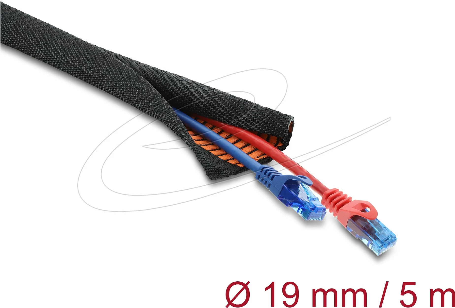 Mbrojtëse për kabllo DeLOCK, 5 m x 19 mm, vetë-mbyllëse, dy-shtresore, e zezë/portokalli