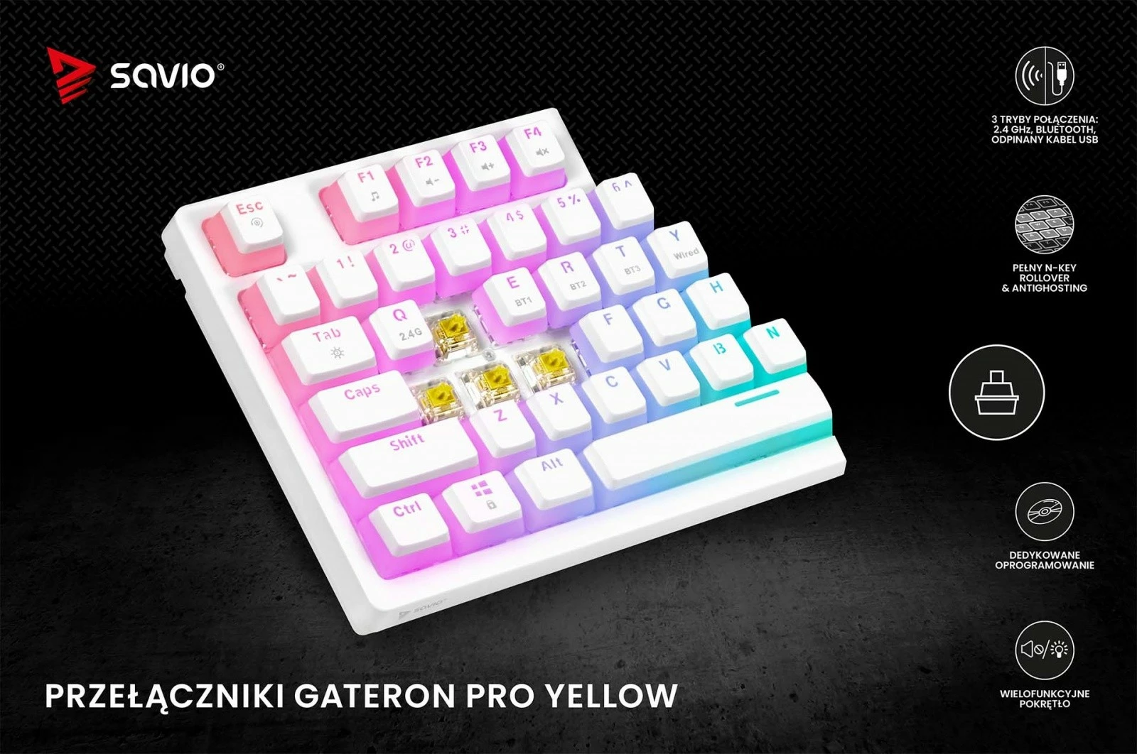 Tastierë mekanike wireless Savio Phenix White, Gateron Yellow, Pudding, RGB