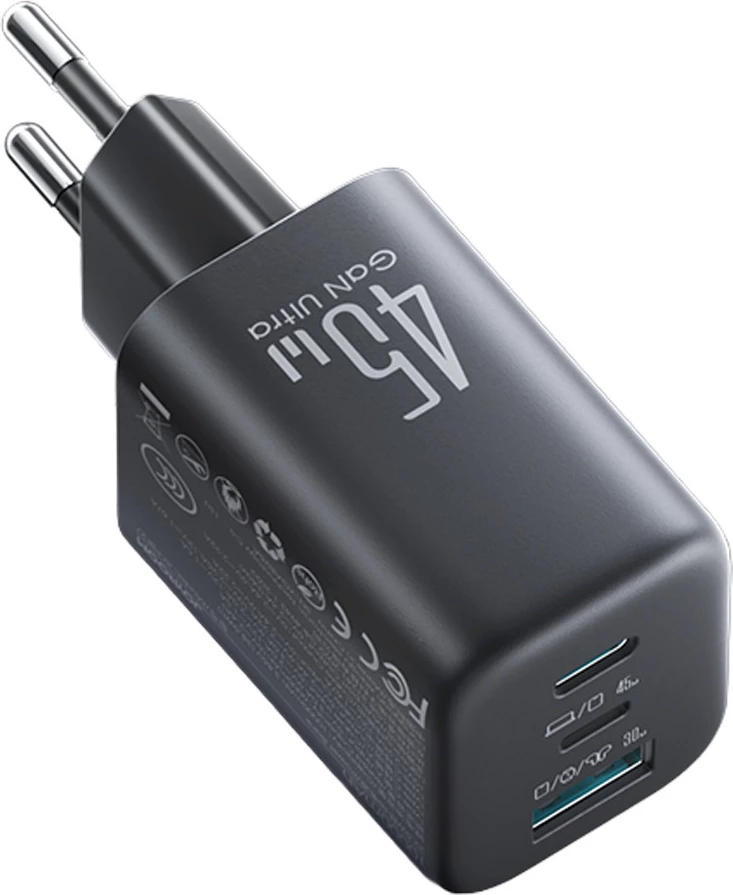 Karikues muri Joyroom JR-TO1 GaN 45W 3 porta (USB-C/Lightning/USB-A) prizë EU, i zi
