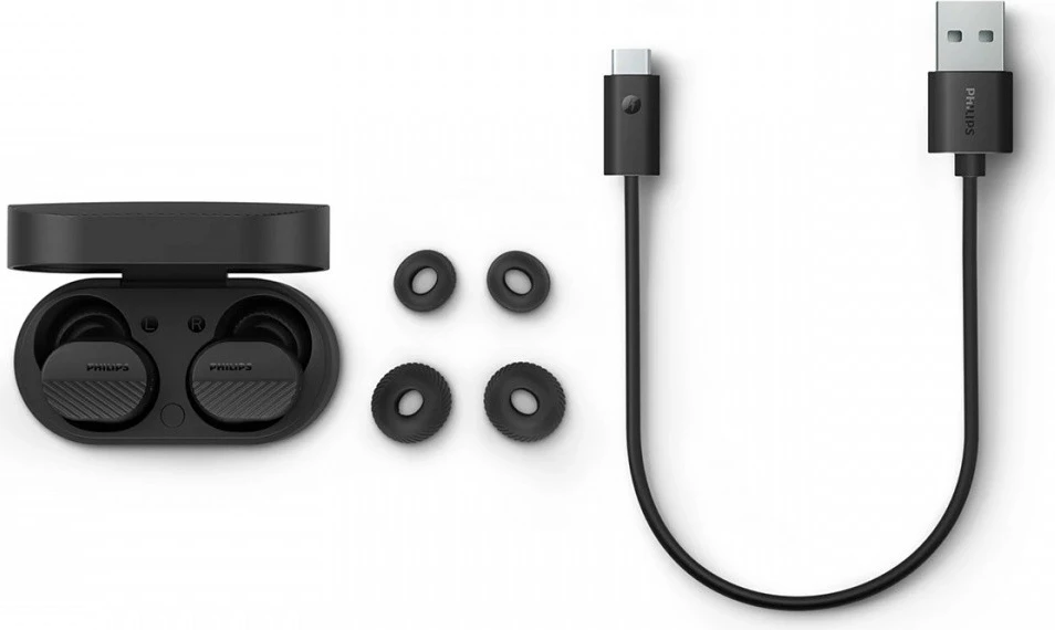 Kufje TWS, Philips TAT5000BK/00, Bluetooth 5.4, ANC, deri 40 orë, IPX5, të zeza, me etui karikimi dhe 3 palë jastëkësh