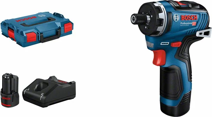 Vidator me bateri Bosch GSR 12V-35 HX 12V, 35Nm, 2x3Ah, me karikues, me L-Boxx, blu