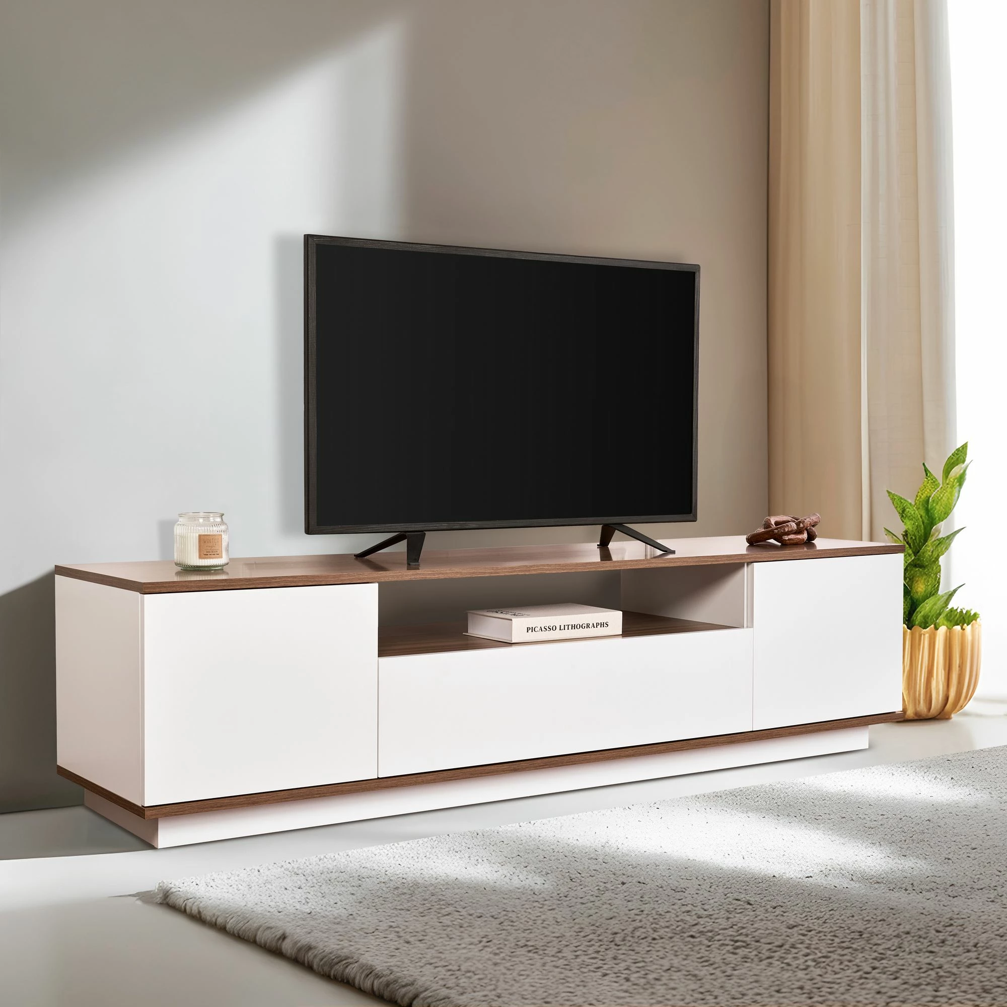 Komodë TV Skye Decor, Veramont, e bardhë dhe arre