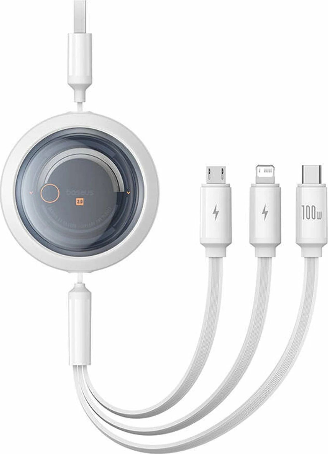 Kabllo USB-A në USB-C + microUSB + Lightning Baseus Free2Draw 1.1 m 100W e rrotullueshme White