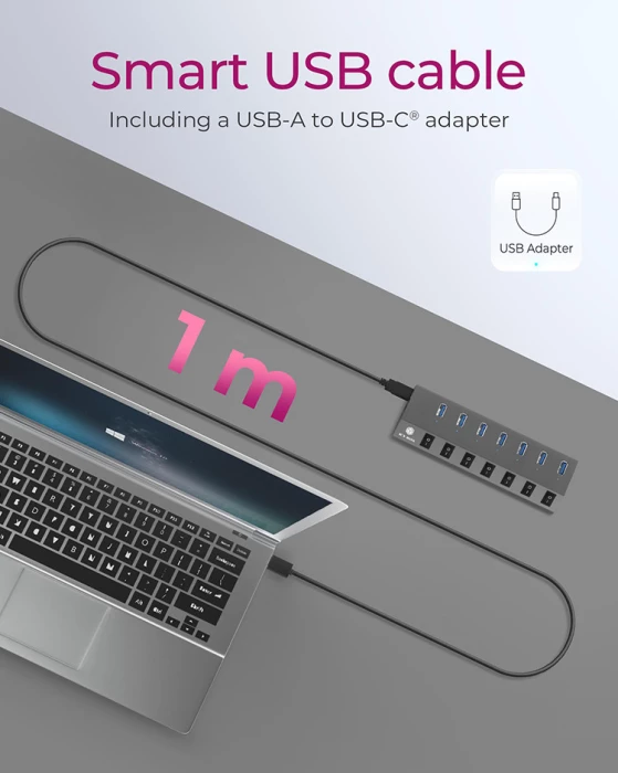 USB hub ICYBOX IB-HUB1701-C3 7-port USB-A me USB-C/USB-A, switch per port, BC 1.2, 65 W, antracit
