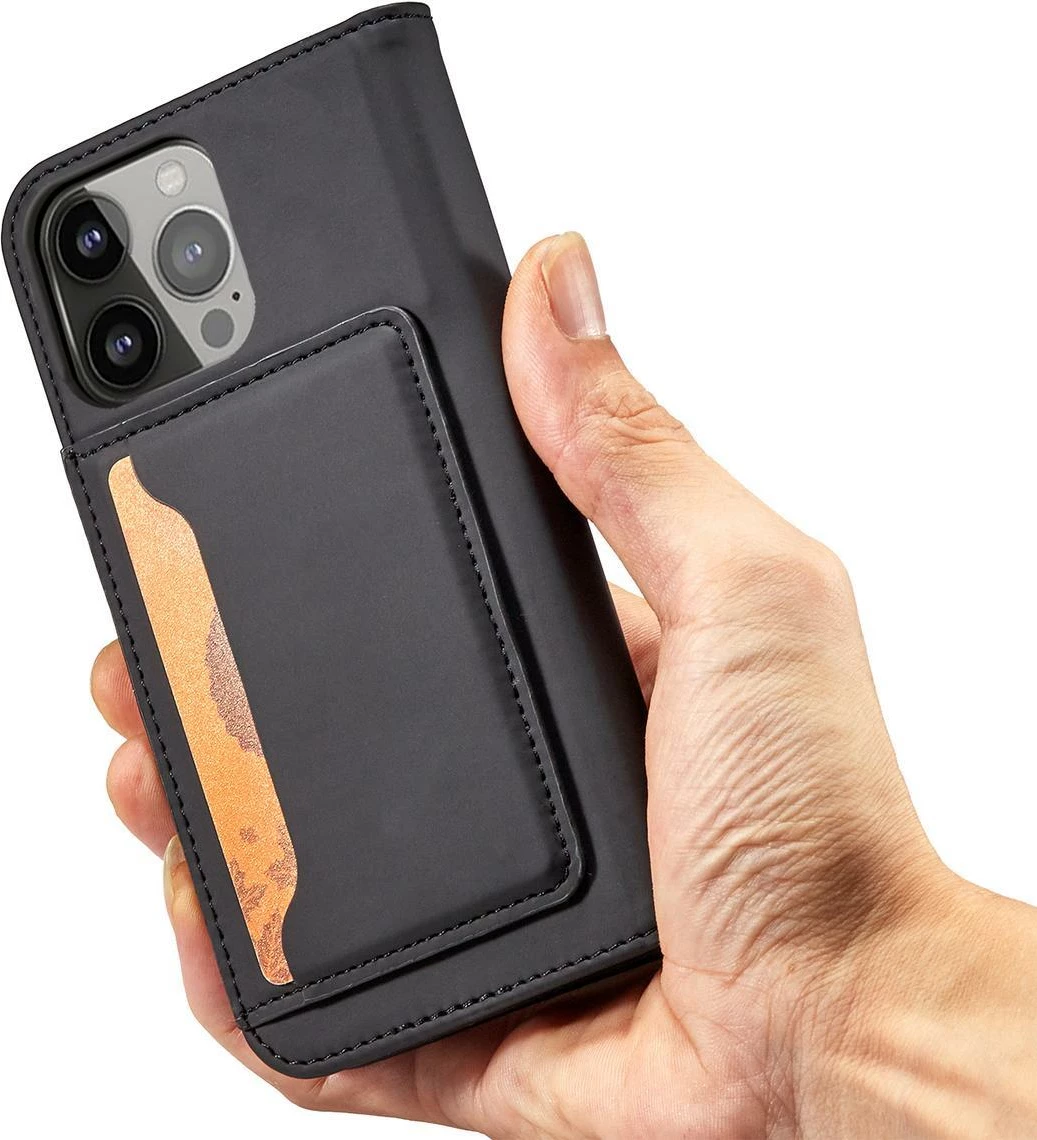 Mbështjellës Hurtel Magnet Card Case për iPhone 14 Pro, me kapak, portofol dhe mbajtëse, i zi