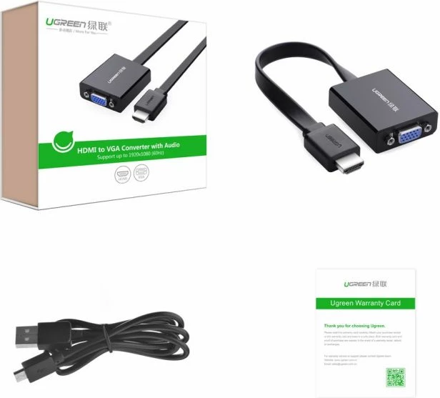 Konvertues HDMI në VGA UGREEN 40248, me audio 3.5mm + MicroUSB power, 16cm, i zi, me kuti
