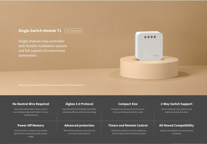 Switch modul Zigbee Aqara T1 SSM-U02 (2LSSM-U02 / AU002GLW01), pa tel neutral, matje energjie, i bardhë, 1 copë