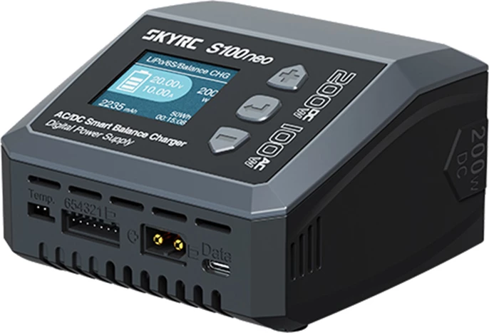 Karikues smart SkyRC S100neo AC/DC 100W/200W, ekran 1.77", për bateri LiPo/LiHV/LiFe/LiIon 1-6S, NiMH/NiCd, Pb, i zi/gri