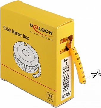 Shënues kabllosh DeLOCK No. 3, 500 copë, për kabllo 4–5 mm, i verdhë