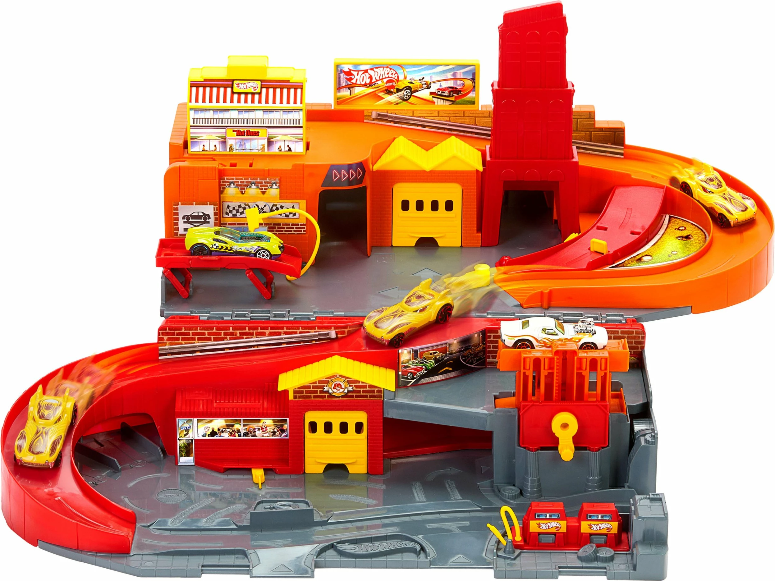 Set garazhi/parkingu lodër Mattel Hot Wheels Rally City JFH37, portativ, me 3 vetura die-cast