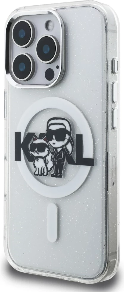 Mbështjellës MagSafe Karl Lagerfeld IML Glitter Karl & Choupette Sketch Logo për iPhone 16 Pro, transparent, në kuti