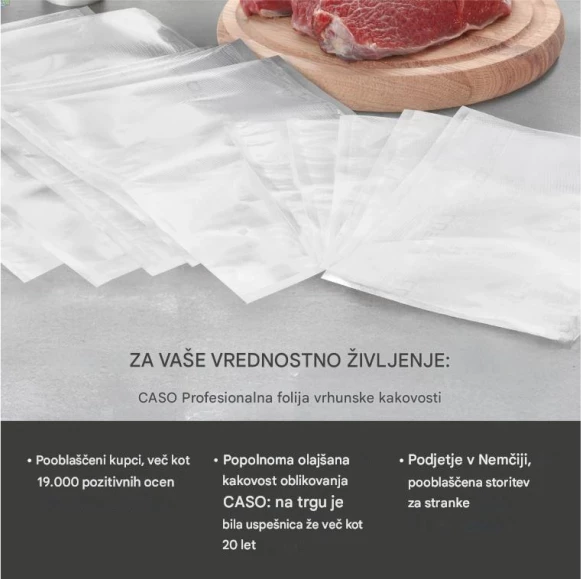 Set qese vakumi dhe role folie CASO Complete Foil 5 1237, 50x 16×23 cm + 5 role (2x 20×600 cm, 1x 28×600 cm, 2x 30×600 cm), BPA-free, transparent