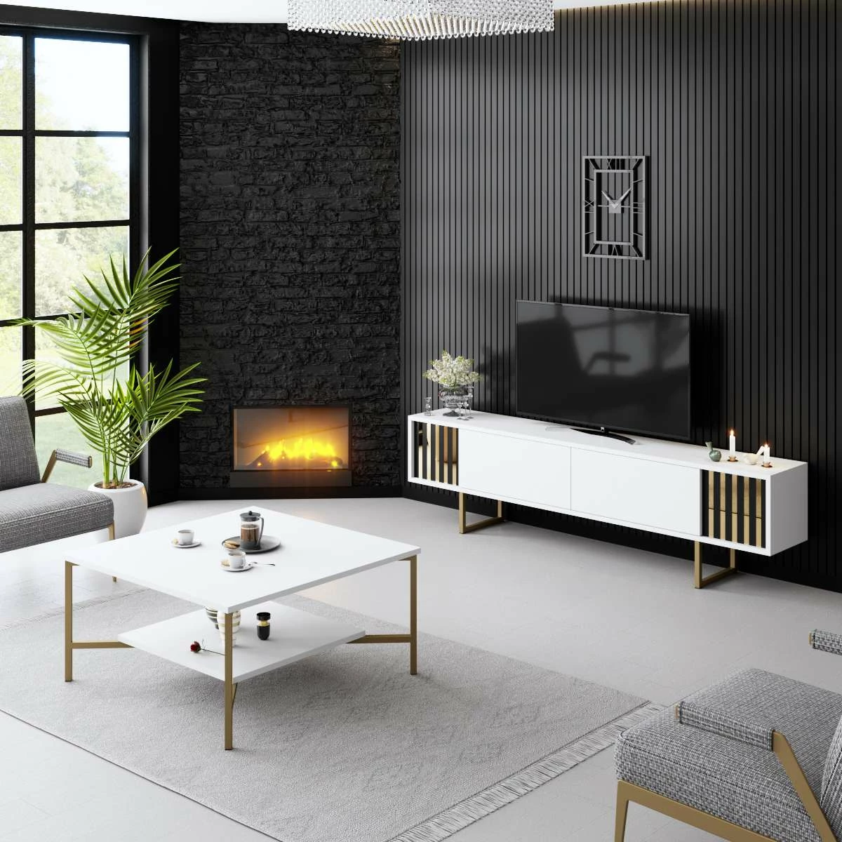 Komodë TV Hanah Home, Gold Line, e bardhë dhe e artë
