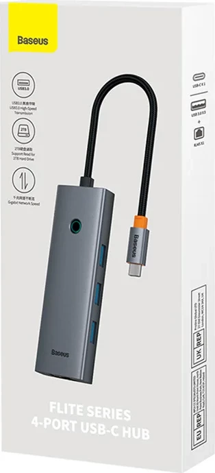 Kasë USB-C Baseus UltraJoy, 4 porte (3x USB 3.0 + RJ45), Gri