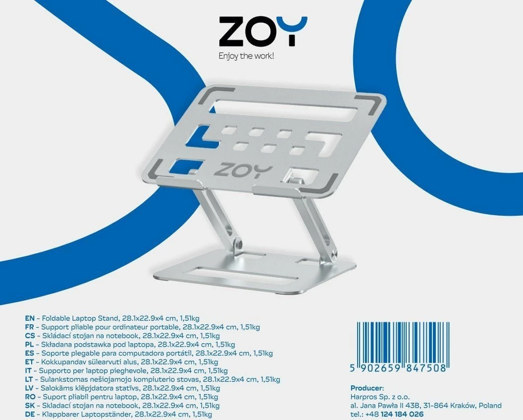 Mbajtës laptopi ZOY ZLS08 i rregullueshëm, i palosshëm, metal, deri 17", argjend