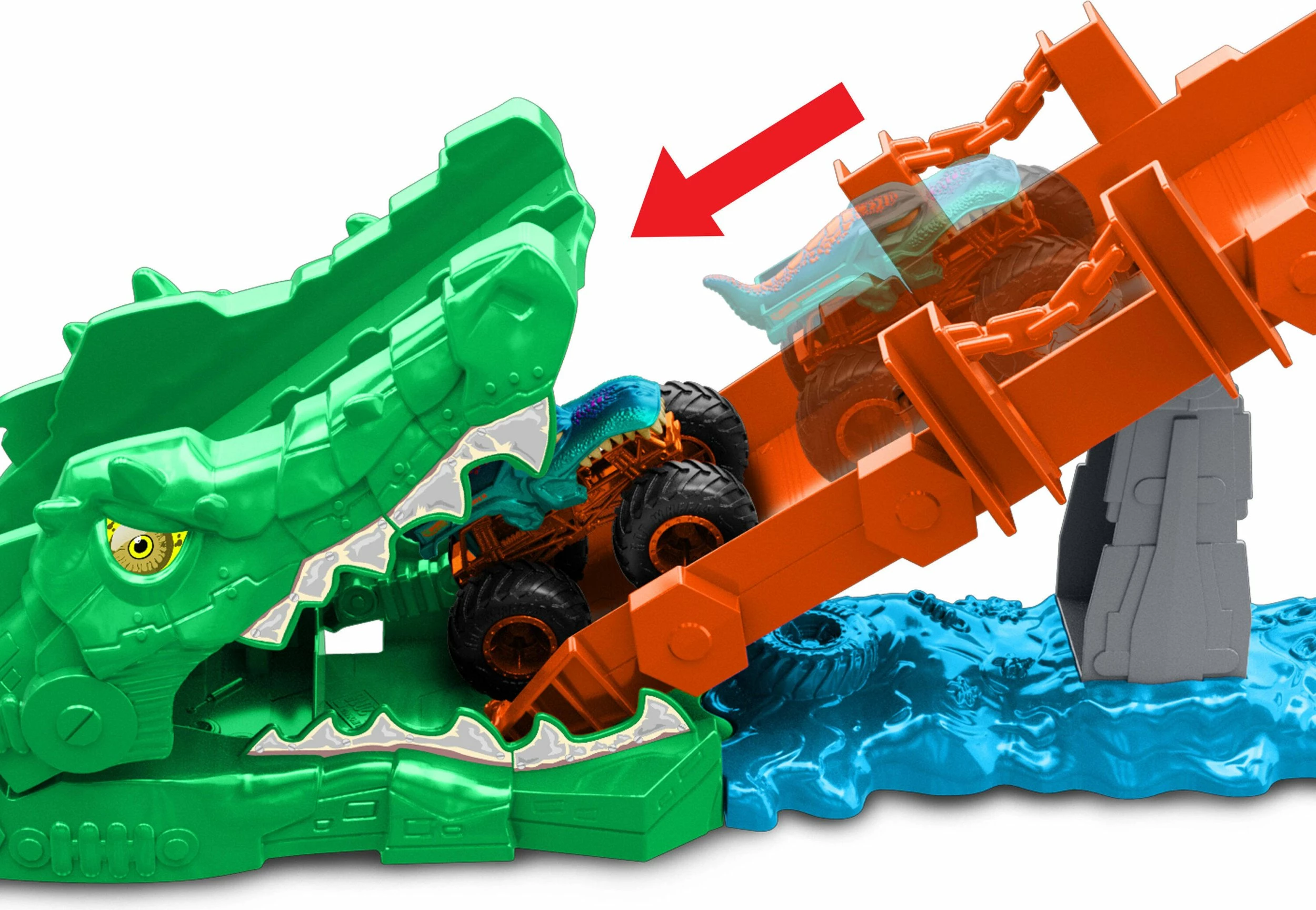 Set pistë makinash Hot Wheels Monster Trucks Rally Challenge JJN45, 1:64, me launcher, 1 makinë Mega-Wrex
