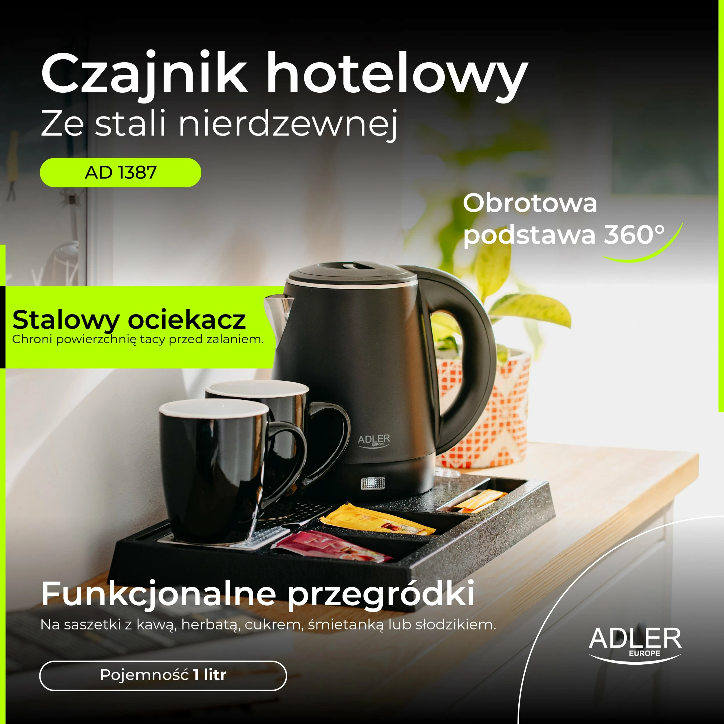 Çajnik elektrik Adler AD 1387, 1 L, set me tabaka dhe 2 filxhana, i zi