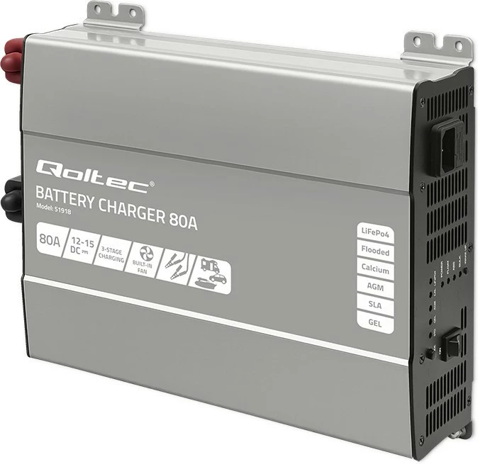 Karikues inteligjent akumulatori Qoltec Monolith 51918, 12V, 80A, për LiFePO4/AGM/GEL/SLA, zi/gri, set me kabllo