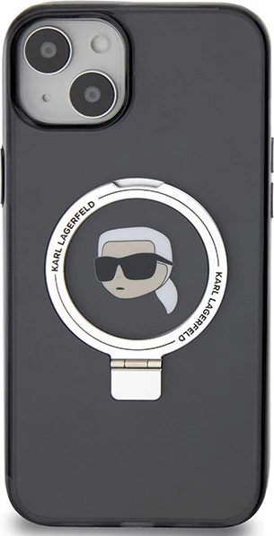 Mbështjellës Karl Lagerfeld Ring Stand Karl Head MagSafe për iPhone 15 Plus / 14 Plus, i zi