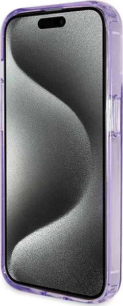 Mbështjellës Guess Ring Stand Script Glitter MagSafe për iPhone 15 Pro, vjollcë