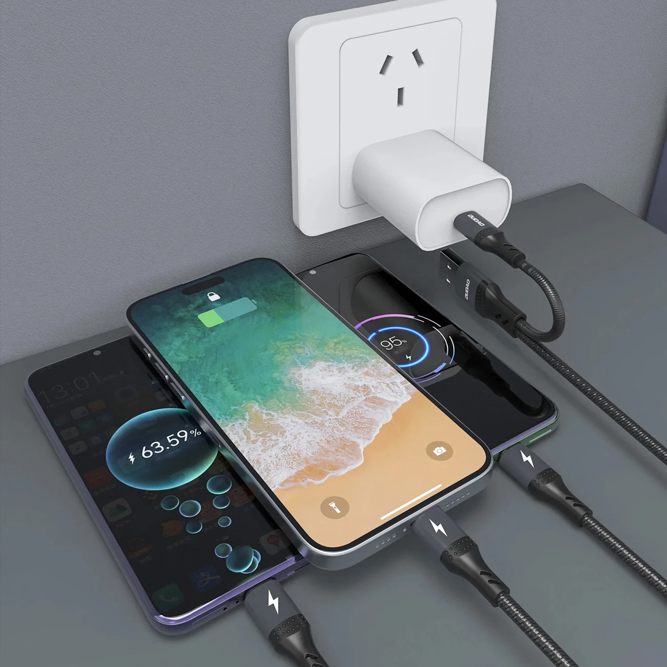 Kabëll karikimi dhe të dhënash 3-në-1, Dudao L3W, 1.2 m, 66W, USB-A/USB-C në Lightning/USB-C/MicroUSB, e zezë