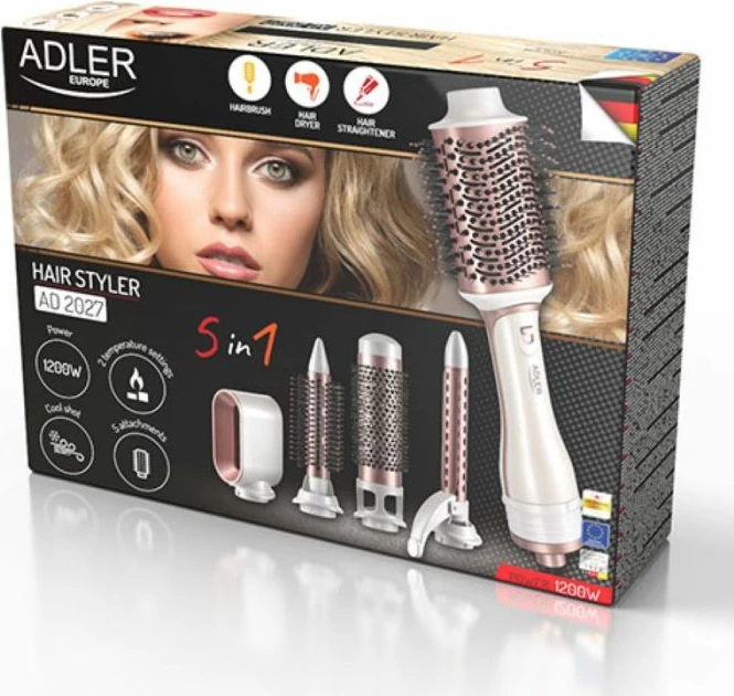 Tharëse flokësh 5-në-1 Adler AD2027 1200W, set me 5 shtojca, pearl white/rose gold