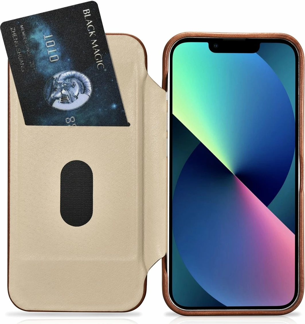 Mbështjellës iCarer Oil Wax Premium Leather Folio për iPhone 14 Plus, MagSafe, kafe