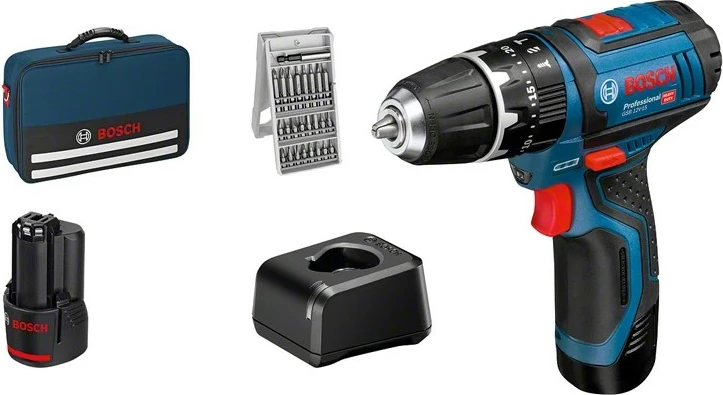 Pistoletë Bosch GSB 12V-15, brushless, 2x bateri 2Ah, 25 sfurqe, zi/kaltër