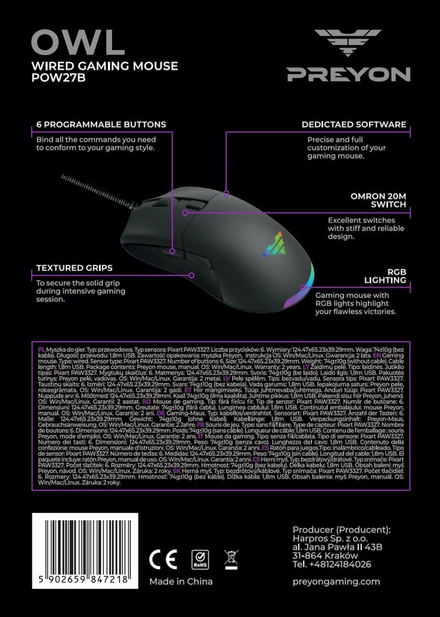Maus gaming PREYON Owl Wired POW27B, USB me kabllo, 12400 DPI, RGB, 6 butona, i zi