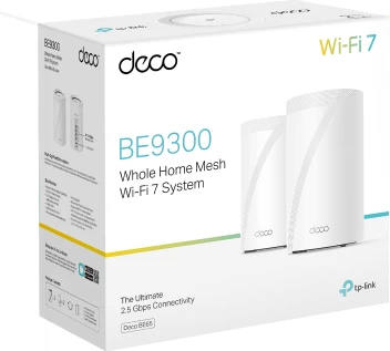 Sistem mesh Wi‑Fi 7 TP-Link Deco BE65 BE9300 tri-band, 4×2.5GbE për njësi, USB 3.0, e bardhë, paketë 2 copë