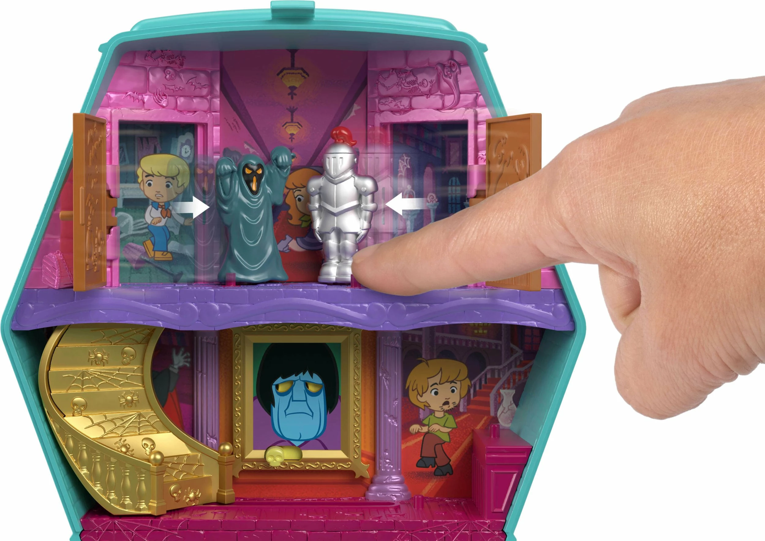 Set lodrash Mattel Polly Pocket x Scooby-Doo Compact Mystery Vehicle JKC85, me mini figura Scooby-Doo dhe Velma, me pjesë të lëvizshme, tirkiz