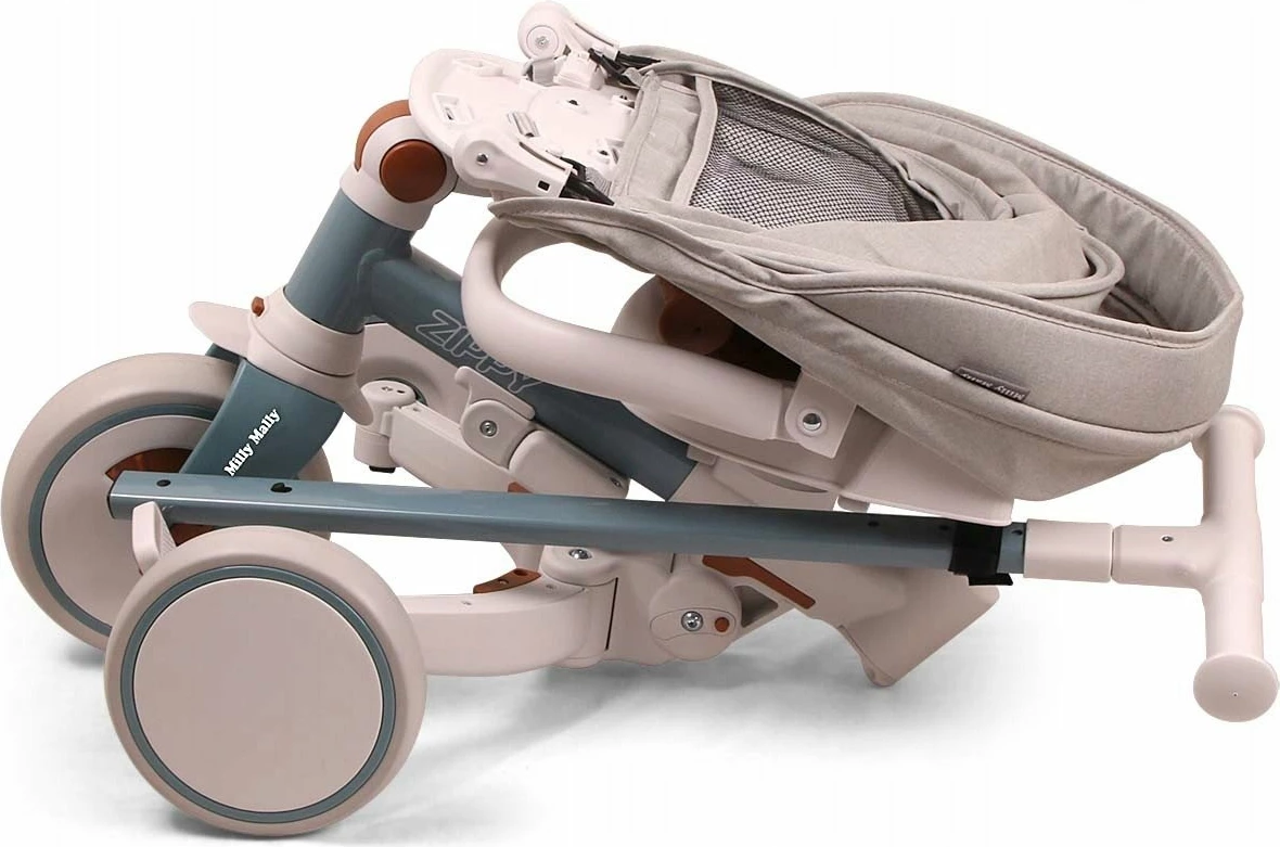 Tricikël fëmijësh Milly Mally Zippy, 12+ muaj, 25 kg max, ulëse rrotulluese 180°, rrota shkumë, kornizë çeliku, me tendë dhe shtytës prindi, Blu