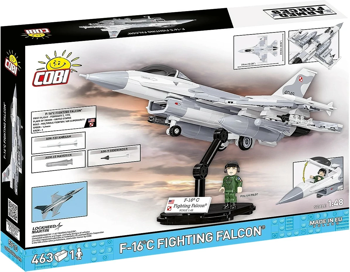 Set blloqesh ndërtimi, Cobi, F-16C Fighting Falcon COBI-5910, 463 pjesë, shkallë 1:48, me figurë pilot dhe bazament