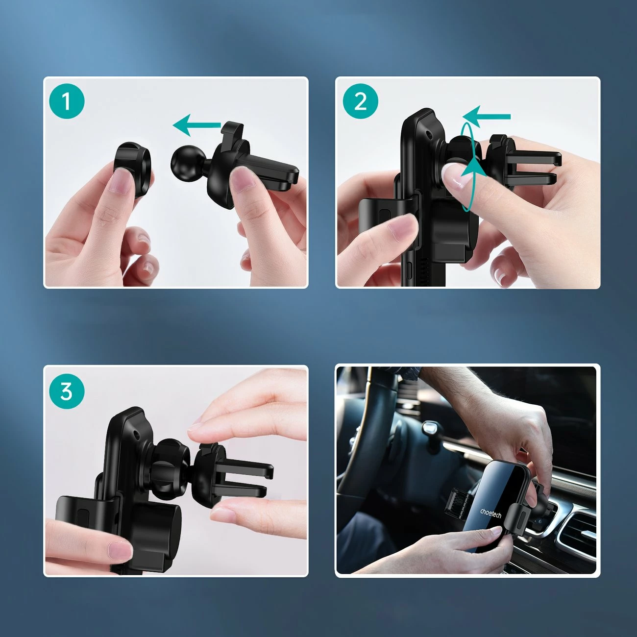 Mbajtës me karikues wireless Choetech T201-F për veturë, me koka magnetike, Zi