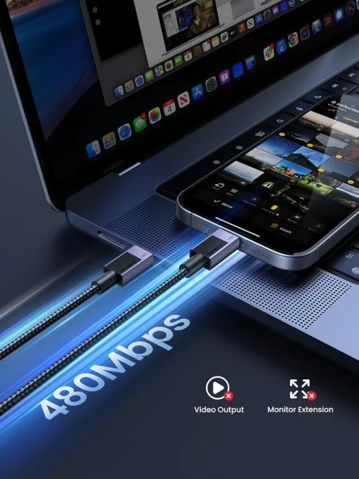 kabllo karikimi USB-C në USB-C UGREEN 45068, 240W, 2m, e thurur nylon, e zezë/gri