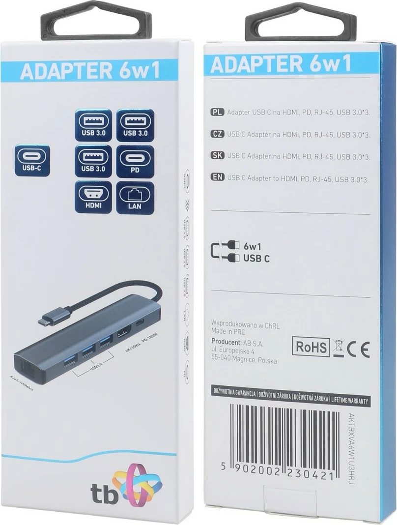 Adapter HUB USB C 6-në-1 TB, HDMI, 3x USB 3.0, PD, RJ-45, Grafit