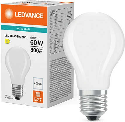 Llambë LED OSRAM Classic A60 Filament 5.9W, E27, 4000K, 806 lm, frosted